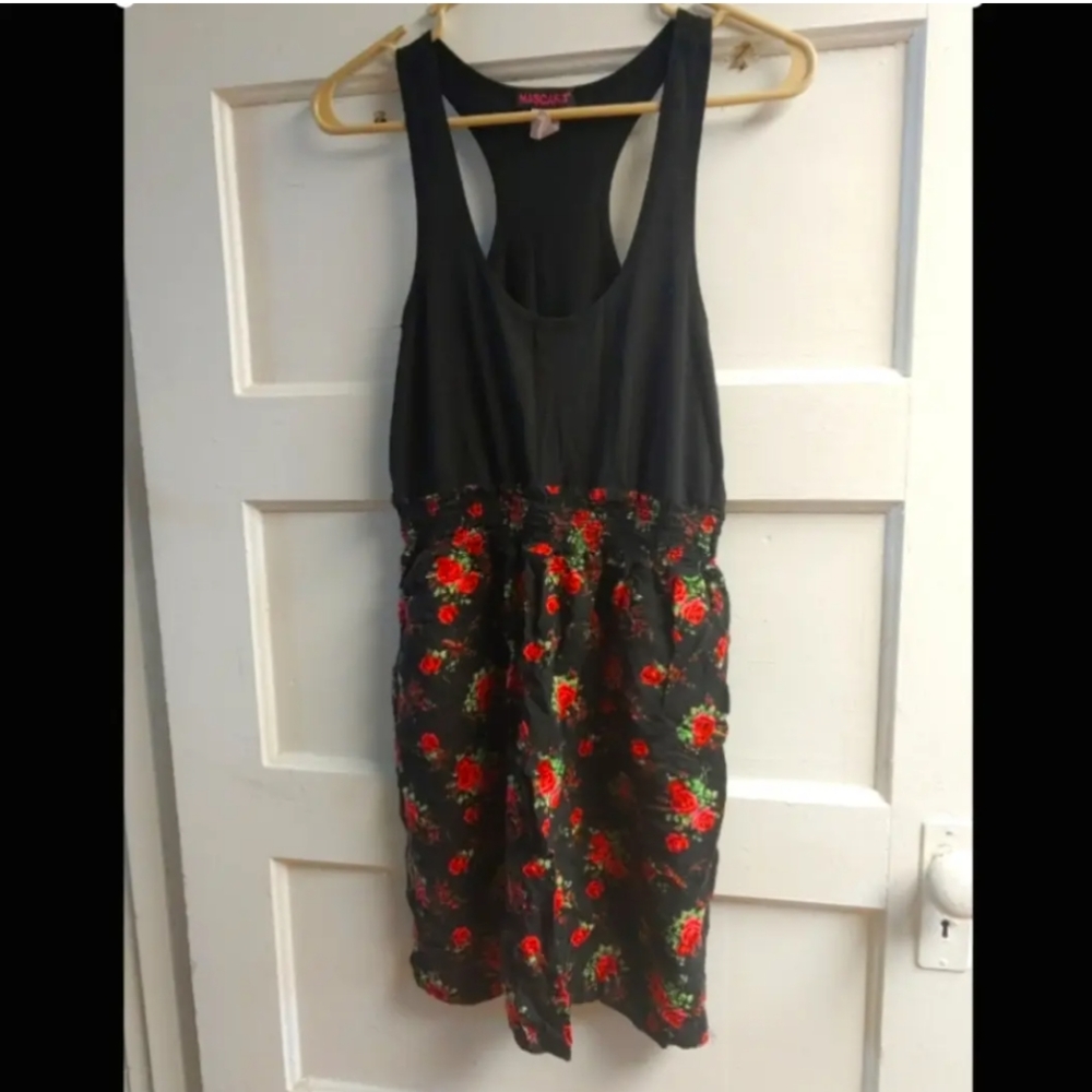 Black sleeveless dress w/red floral bottom